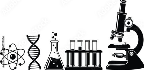 Science icons atom DNA flask test tubes microscope laboratory research chemistry biology physics experiment education discovery analysis innovation flavector