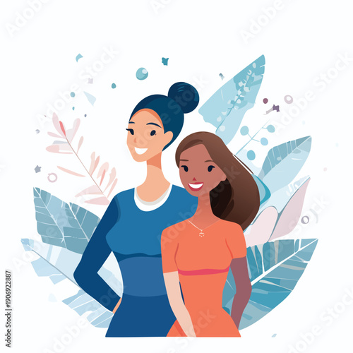 Illustration of two diverse women smiling with a background of blue and white foliage
