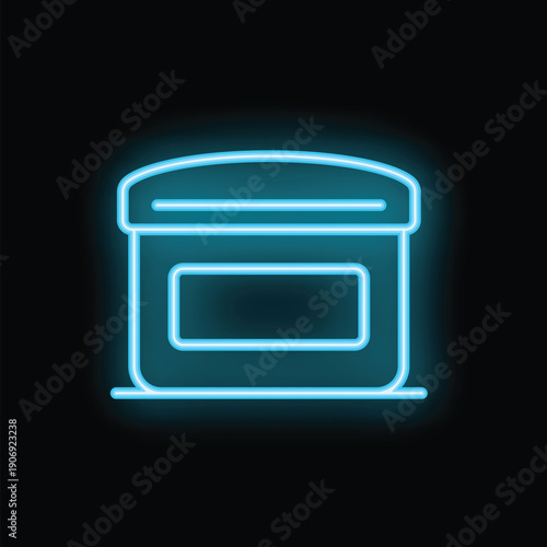 Bright blue neon sign of a jar of cosmetic product, potentially face cream, is glowing on a dark background