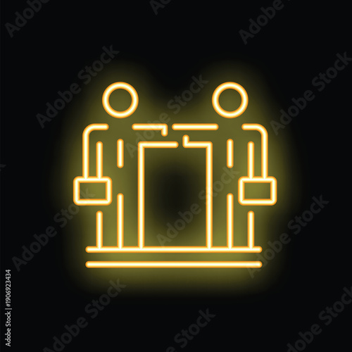 Neon style icon of two businessmen shaking hands in front of a turnstile, concept of business agreement