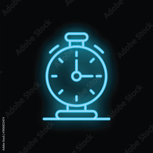 Neon blue alarm clock ringing on black background, concept of time, deadline or wake up