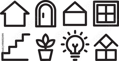 Set of simple outline icons representing home elements like houses doors windows stairs plants and a light bulb