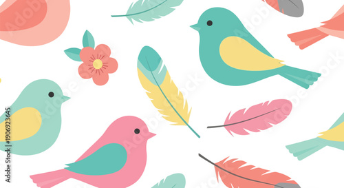 Cute birds and feathers seamless pattern vector clipart in pastel colors for spring designs