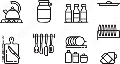 Kitchen utensil icons with kettle jar bottles cutting board ladle and dish rack for cooking and dining