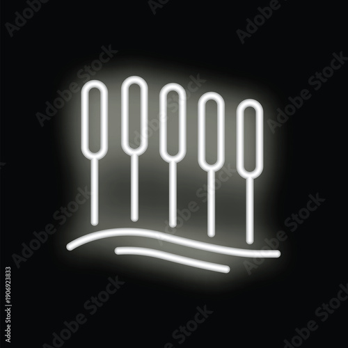 White neon sign of reeds growing by the water glowing on a black background