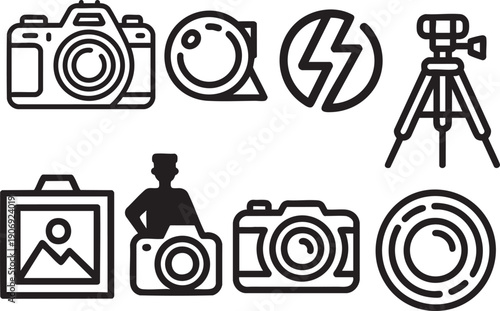 Photography equipment and symbols set camera tripod flash photo frame for visual artists