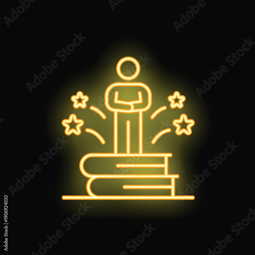 Neon sign of a man standing with his arms crossed on top of books with confetti celebrating a triumph