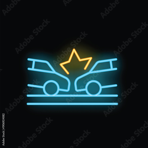 Neon sign depicting two cars colliding head on, with a large yellow starburst behind them