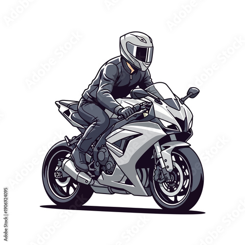 Stylized illustration of a motorcyclist riding a powerful sport bike isolated on white.