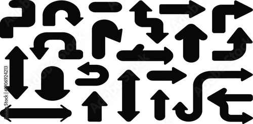 Vector set of bold black arrow icons, collection of thick navigational pointers and complex flow-chart symbols for infographic and web design.