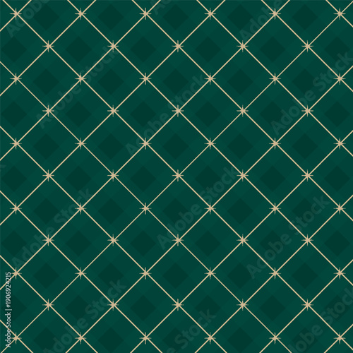 Argyle vector pattern. Dark green with thin slim golden dotted line. Seamless vivid geometric background for fabric, textile, men clothing, wrapping paper. Backdrop Little Gentleman party invite card