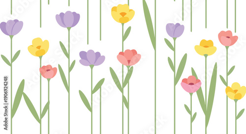 Spring floral seamless pattern vector clipart with pastel tulips and leaves for backgrounds