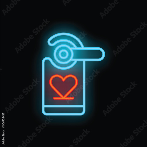 Bright neon glowing sign of a door hanger with a heart on it, great for romantic projects