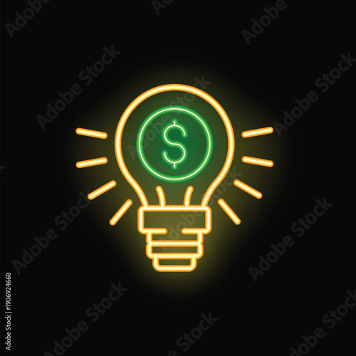 Glowing neon lightbulb is displaying a bright dollar sign, symbolizing a profitable business idea