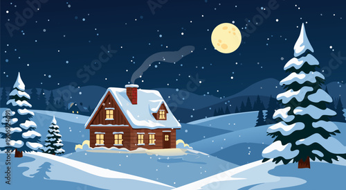 Cozy winter cabin nestled in a snowy landscape under a full moon, charming vector illustration for holiday greetings