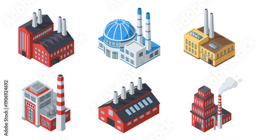 Set of various industrial factory buildings vector illustration, collection of manufacturing plants and production facilities