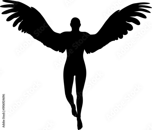 A black vector illustration shows the silhouette of a woman angel with wings in a graceful dancing pose like a fitness athlete or runner