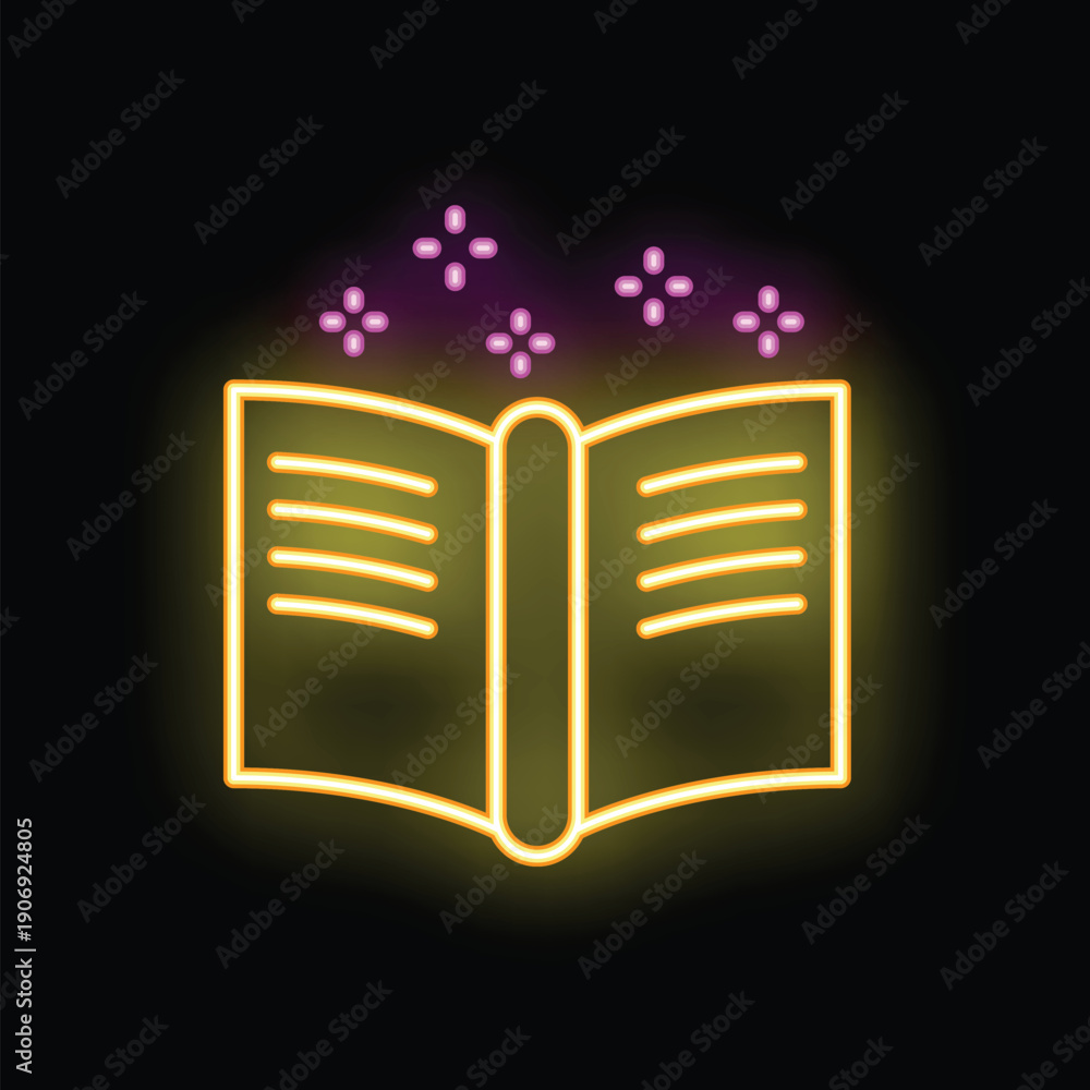 Naklejka premium Open book spreading magic with sparkling stars neon sign on a black background