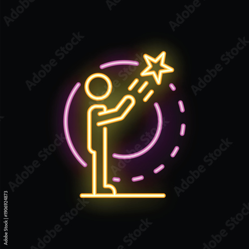 Neon sign of a businessman reaching a bright star, symbolizing success, achievement, and the pursuit of goals