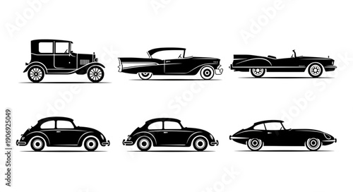 Collection of vintage and classic cars in silhouette.
