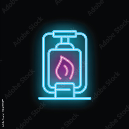 Kerosene lamp with a burning flame is depicted as a neon sign, glowing in vibrant blue and pink hues