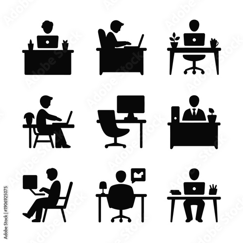 Nine black of people working at desks silhouette person