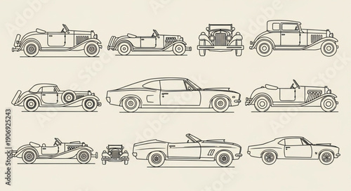 Collection of vintage and modern car outlines in a grid pattern.