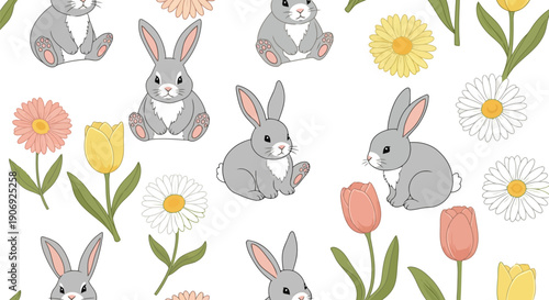 Cute bunny and spring flowers seamless pattern vector clipart for Easter and kids design