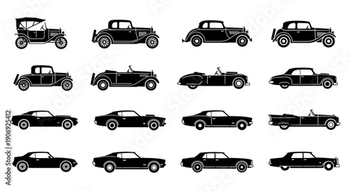 Collection of vintage and modern car silhouettes.
