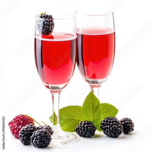 Berry cocktail champagne glass blackberry raspberry red drink fresh fruit summer beverage sparkling drink leaf white background Elegant red drink champagne glass with blackberry garnish