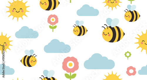 Cute bee and sun seamless pattern vector clipart with flowers and clouds for kids design