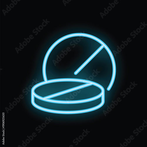 Bright blue neon sign showing two pills on a black background