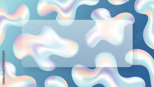Glassmorphism Rectangle on Abstract Background with Fluid Holographic Iridescent Gradient Shapes. Modern Marketing Banner. Abstract Vector Design Template