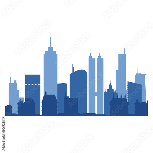 A black silhouette vector illustration of the New York City skyline features iconic urban skyscrapers and landmark architecture from the downtown business district of this famous United States citysca