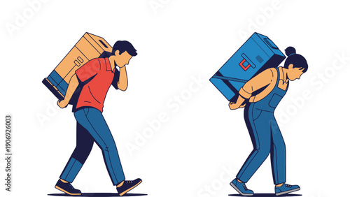 Courier carrying large boxes on their back in a vector illustration style