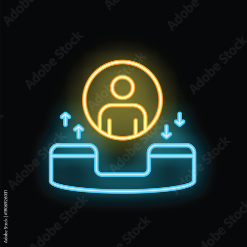Neon glowing icon of a phone call being transferred from one person to another, isolated on black