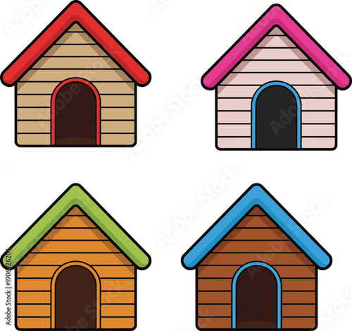 Colorful dog house set illustration, wooden pet shelters with different roofs, cartoon kennel icons isolated for animal care and veterinary design