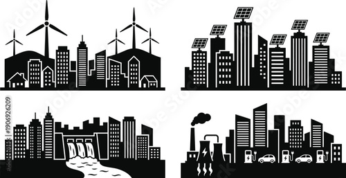 Sustainable urban skyline with renewable energy and green parks