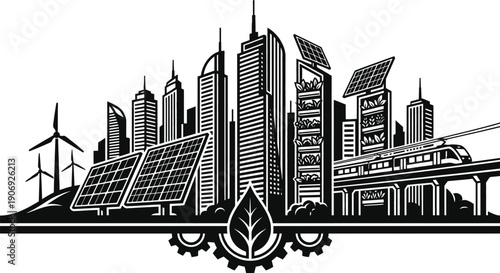Sustainable urban skyline with renewable energy and green parks