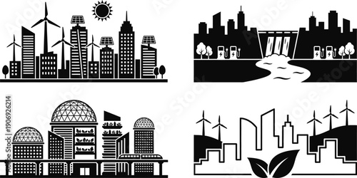 Sustainable urban skyline with renewable energy and green parks