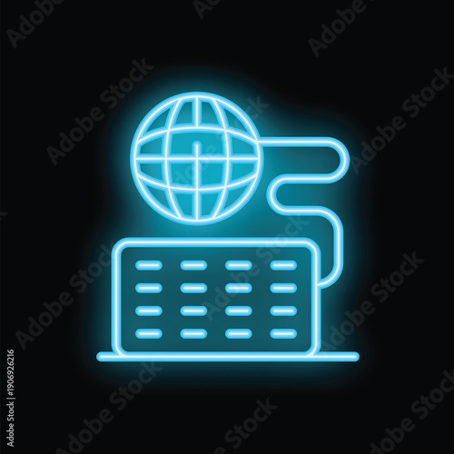 Neon blue icon of a computer keyboard connecting to a globe, representing the concept of internet access