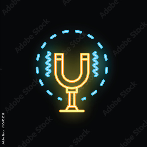 Neon sign representing a magnet attracting, with magnetic field around it, on a dark background