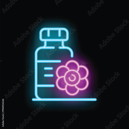 Neon glowing icon of a pills bottle with flower for a drugstore or pharmacy logo