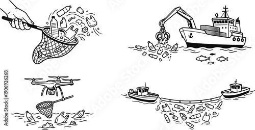 Plastic pollution cleanup in the ocean conceptual illustration