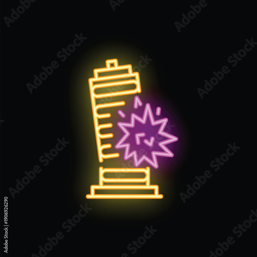 Neon sign representing an earthquake hitting a building and causing cracks, great illustration for earthquake preparedness