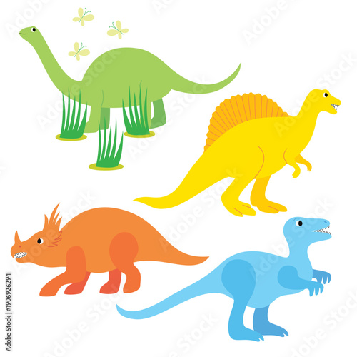 Vector set of illustrations with brightly colored dinosaurs on a white background