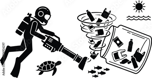 Plastic pollution cleanup in the ocean conceptual illustration