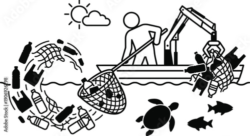 Plastic pollution cleanup in the ocean conceptual illustration