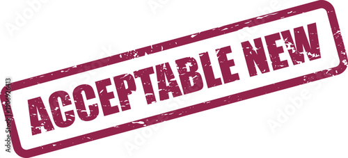 A vintage style rectangular rubber stamp graphic featuring the distinct text ACCEPTABLE NEW for product status