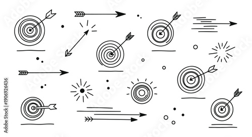 Vector illustration of black and white target icons with arrows, for marketing or advertising mockup, isolated on transparent background, png